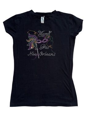 Veron Mardi Gras New Orleans Rhinestone Graphic Tee Girls XL Black T-Shirt NEW